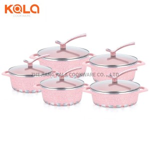 Dessini 10Pcs insulated hot pot casserole set pink non stick cooking pot  vertical knob die-cast aluminum granite cookware set