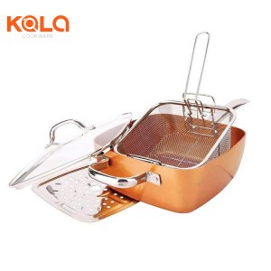Hot sale cookware wholesale 9.5 inches press aluminium frying steam pot  Induction Bottom copper pan ceramic coating  China Non stick Cookware Sets factory