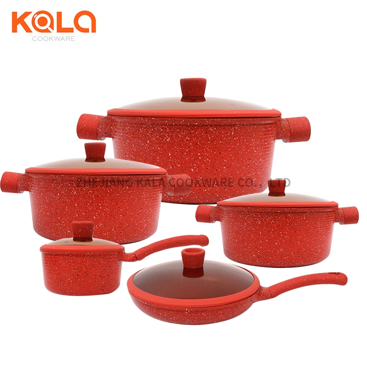 High quality kitchen supplies 10pcs with glass lids cast aluminium cooking pot granite cookware set non stick frying pan China cooking pots set factory Featured Image